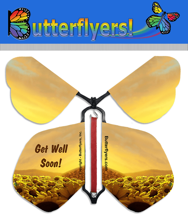 Packaged Get Well Soon Wind Up Flying Butterfly For Greeting Cards from Butterflyers.com