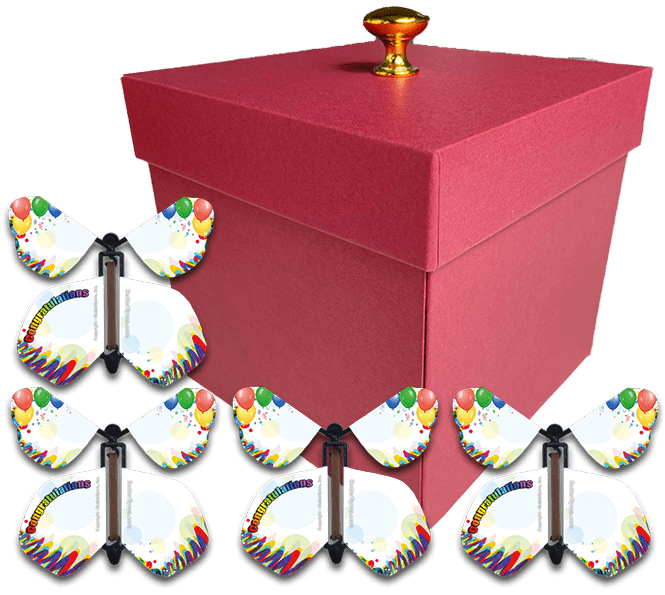Birthday Surprise Flying Butterfly Box - Red Gift Box With 4 Wind Up Flying Butterflies