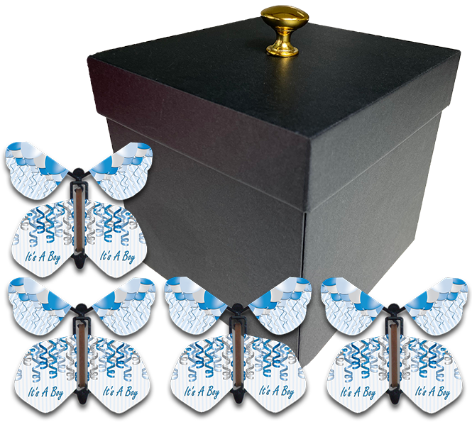 Gender Reveal Surprise Flying Butterfly Box - Black Box With 4 It's A Boy Wind Up Flying Butterflies From Butterflyers.com