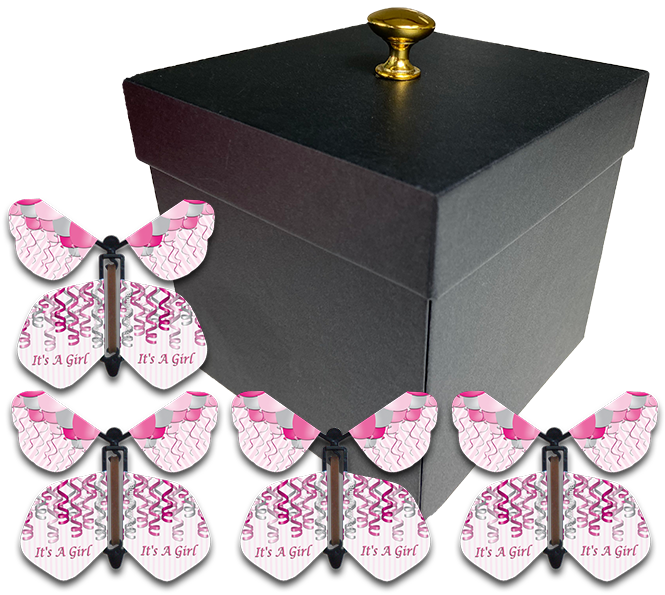 Gender Reveal Surprise Flying Butterfly Box - Black Box With 4 It's A Girl Wind Up Flying Butterflies From Butterflyers.com