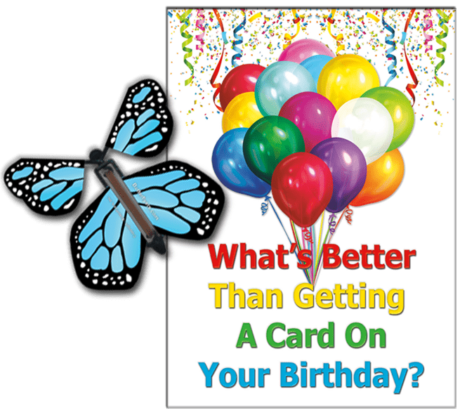 Birthday Greeting Card with Blue Monarch wind up flying butterfly from butterflyers.com
