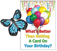 
              Birthday Greeting Card with Blue Monarch wind up flying butterfly from butterflyers.com
            