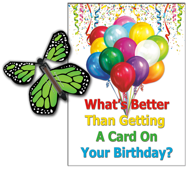 Birthday Greeting Card with Green Monarch wind up flying butterfly from butterflyers.com