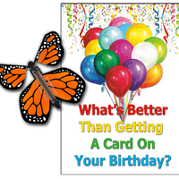 Birthday Greeting Card with Orange Monarch wind up flying butterfly from butterflyers.com