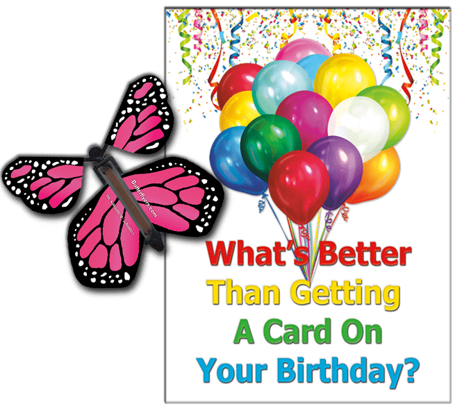 Birthday Greeting Card with Pink Monarch wind up flying butterfly from butterflyers.com