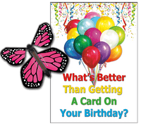 
              Birthday Greeting Card with Pink Monarch wind up flying butterfly from butterflyers.com
            