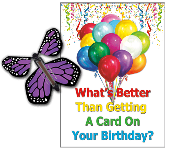 Birthday Greeting Card with Purple Monarch wind up flying butterfly from butterflyers.com
