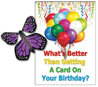 
              Birthday Greeting Card with Purple Monarch wind up flying butterfly from butterflyers.com
            