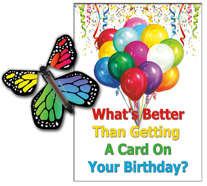 Birthday Greeting Card with Rainbow Monarch wind up flying butterfly from butterflyers.com