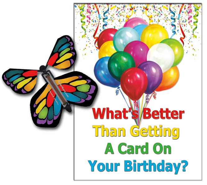 Birthday Greeting Card with Stained Glass Monarch wind up flying butterfly from butterflyers.com