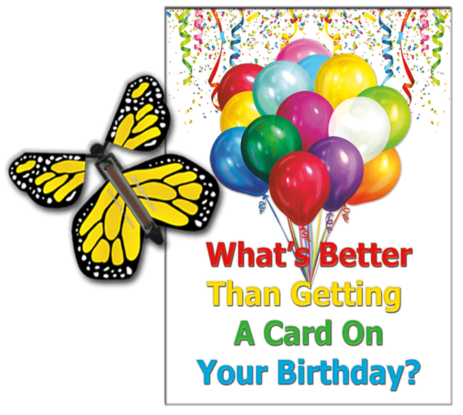 Birthday Greeting Card with Yellow Monarch wind up flying butterfly from butterflyers.com