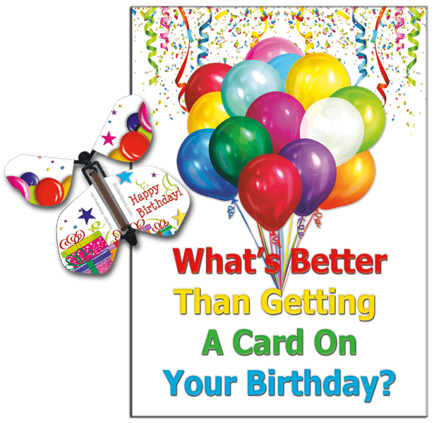 Birthday Greeting Card with Birthday Gifts and Balloons wind up flying butterfly from butterflyers.com