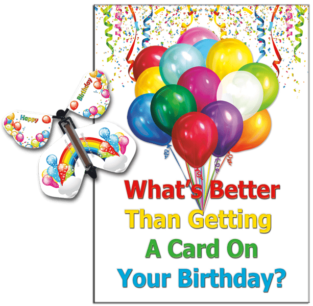 Birthday Greeting Card with Rainbow Birthday wind up flying butterfly from butterflyers.com