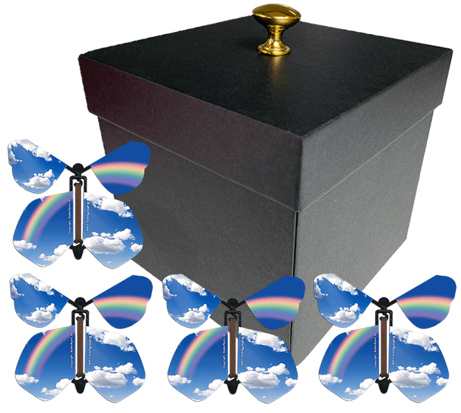 Black Exploding Butterfly Birthday Gift Box With 4 Blue Sky Rainbow Wind Up Flying Butterflies from butterflyers.com