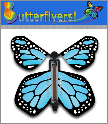 Packaged Sky Blue Monarch Wind Up Flying Butterfly For Greeting Cards by Butterflyers.com