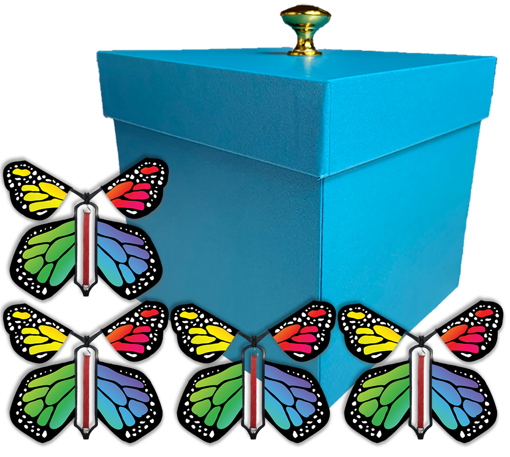 Blue Exploding Butterfly Gift Box With 4 Rainbow Monarch Wind Up Flying Butterflies from butterflyers.com
