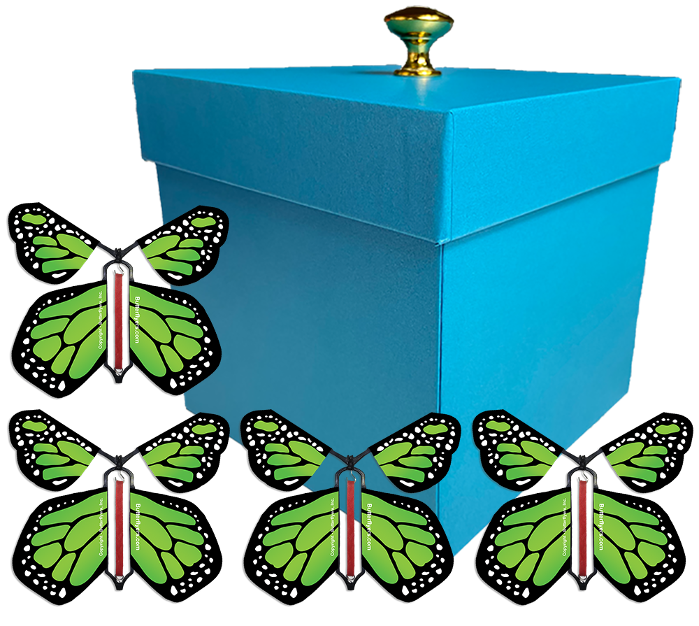 Blue Exploding Butterfly Gift Box With 4 Green Monarch Wind Up Flying Butterflies from butterflyers.com