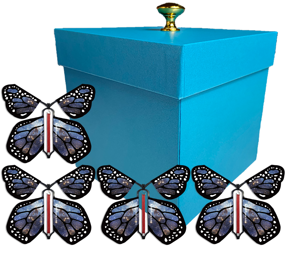 Blue Exploding Butterfly Gift Box With 4 Stardust Monarch Wind Up Flying Butterflies from butterflyers.com