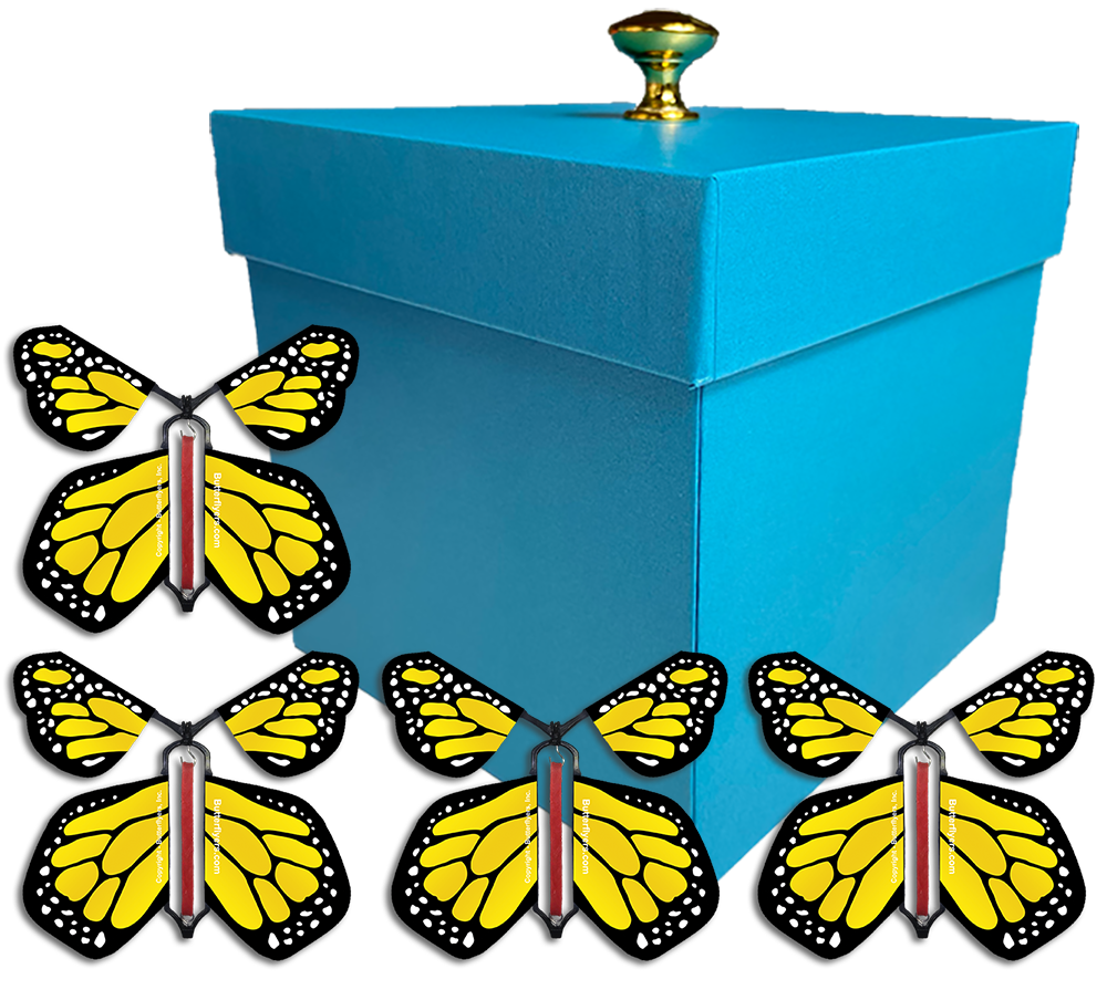 Blue Exploding Butterfly Gift Box With 4 Yellow Monarch Wind Up Flying Butterflies from butterflyers.com