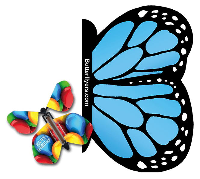 Blue Monarch Exploding Butterfly Card with Birthday Balloons wind up flying butterfly from butterflyers.com