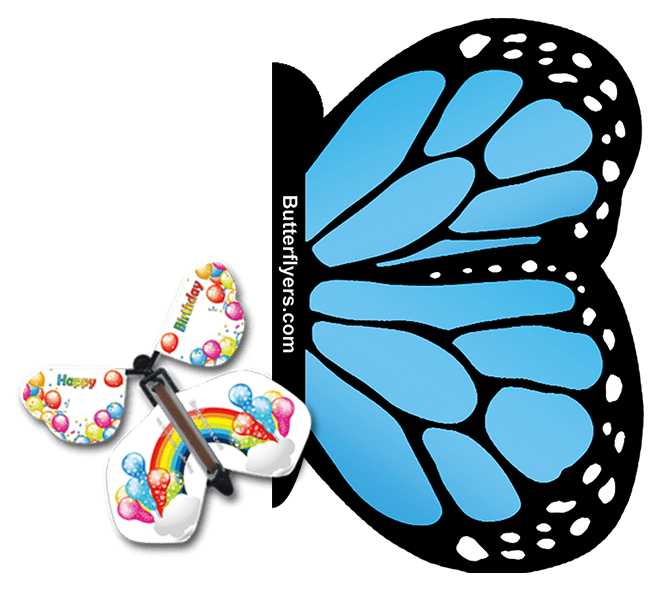 Blue Monarch Exploding Butterfly Card with Birthday Rainbows wind up flying butterfly from butterflyers.com
