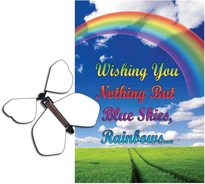 Blue Sky Rainbow greeting card with blank flying butterfly from butterflyers.com