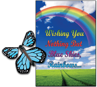 
              Blue Sky & Rainbow greeting card with Blue monarch flying butterfly from butterflyers.com
            