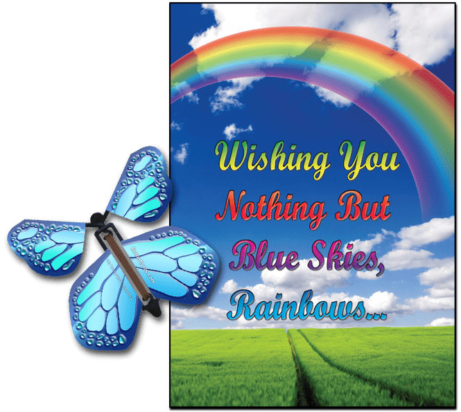 Blue Sky & Rainbow greeting card with Cobalt Blue monarch flying butterfly from butterflyers.com