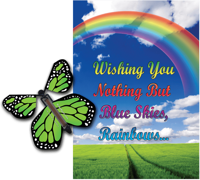 Blue Sky Rainbow greeting card with green flying butterfly from butterflyers.com