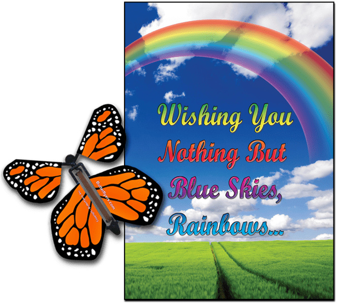 Blue Sky & Rainbow greeting card with Orange monarch flying butterfly from butterflyers.com