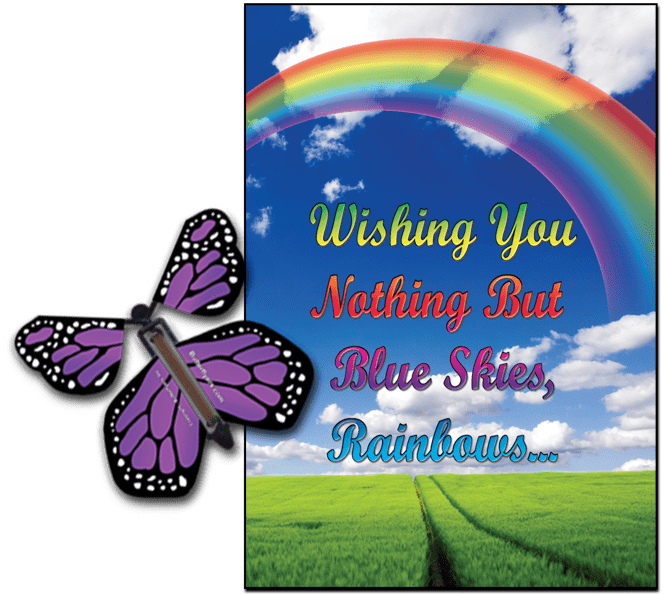 Blue Sky & Rainbow greeting card with Purple monarch flying butterfly from butterflyers.com