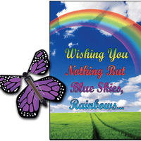 Blue Sky & Rainbow greeting card with Purple monarch flying butterfly from butterflyers.com