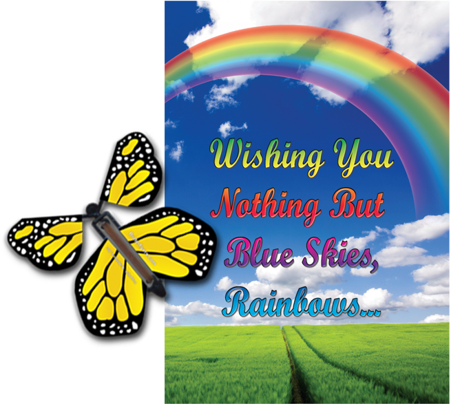 Blue Sky Rainbow greeting card with yellow flying butterfly from butterflyers.com