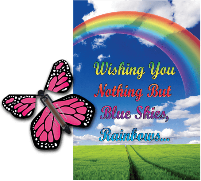 Blue Sky & Rainbow greeting card with Pink monarch flying butterfly from butterflyers.com