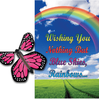Blue Sky & Rainbow greeting card with Pink monarch flying butterfly from butterflyers.com