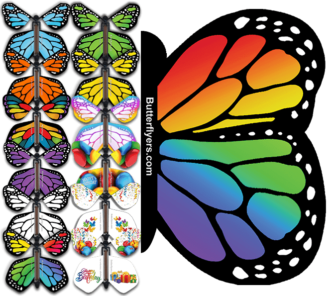 Rainbow Monarch Exploding Butterfly Card with wind up flying butterflies from butterflyers.com