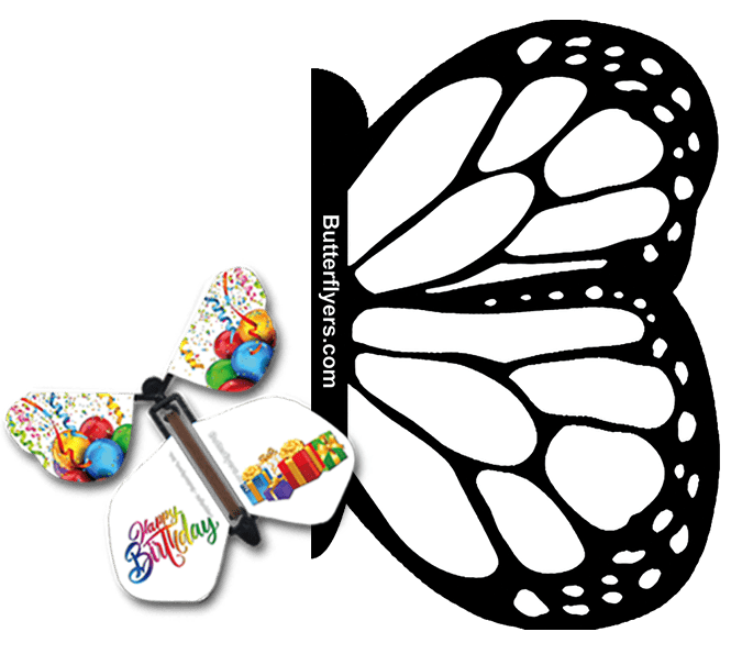 Color Me Monarch Exploding Butterfly Card with Birthday Gifts wind up flying butterfly from butterflyers.com