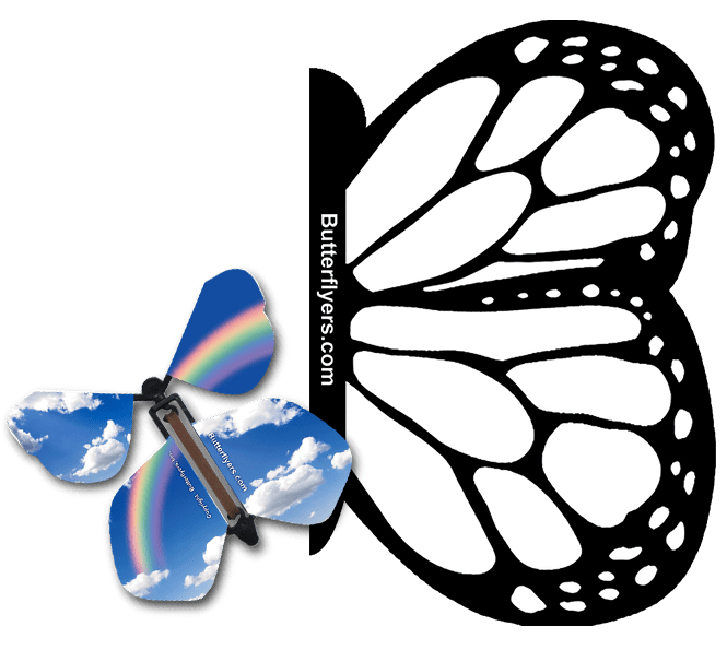 Color Me Monarch Exploding Butterfly Card with Blue Sky Rainbow wind up flying butterfly from butterflyers.com