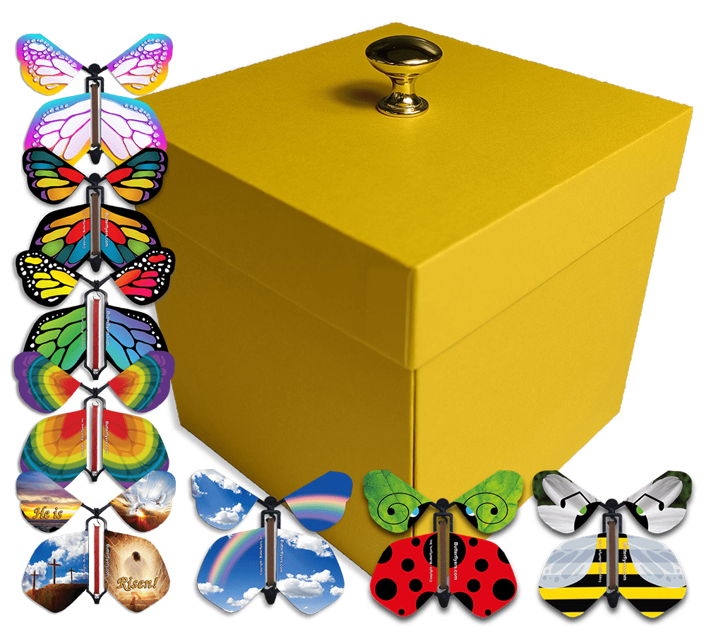 Easter Surprise Flying Butterfly Box - Yellow Gift Box With 4 Wind Up Flying Butterflies