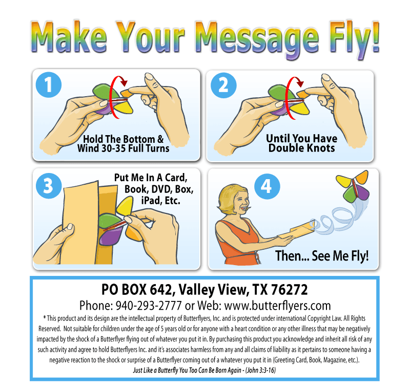 Instruction card for wind up flying butterfly from butterflyers.com