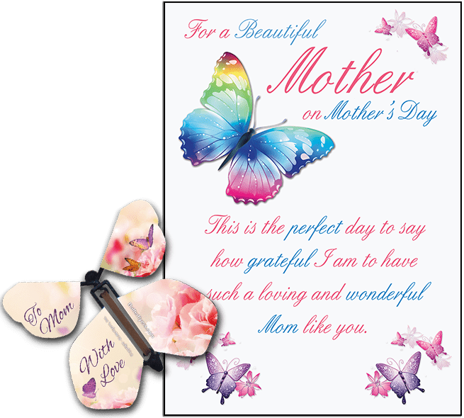 Mothers Day greeting card with Mothers day wind up flying butterfly from butterflyers.com
