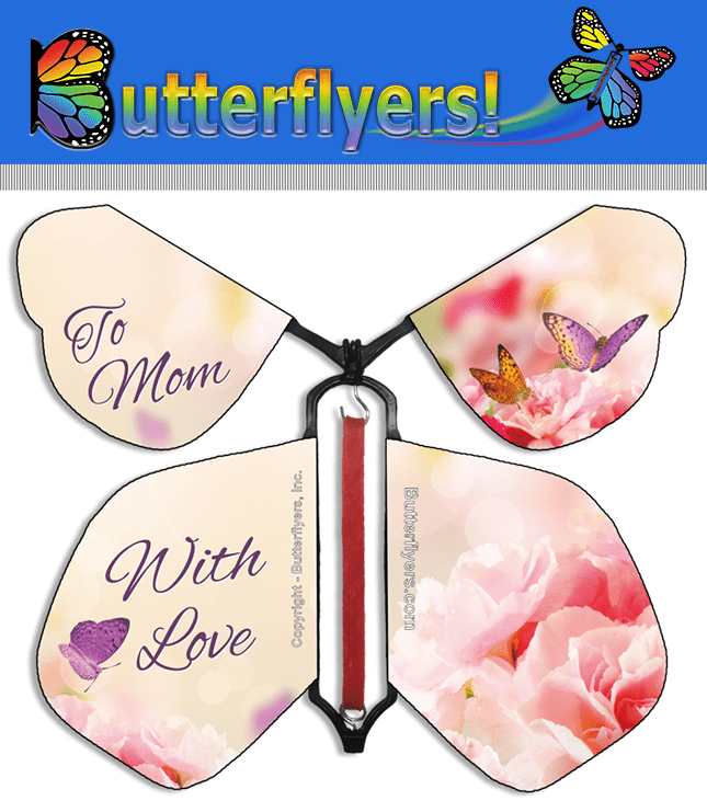 Packaged Mother's Day Wind Up Flying Butterfly For Explosion Boxes, Greeting Cards and books by Butterflyers.com