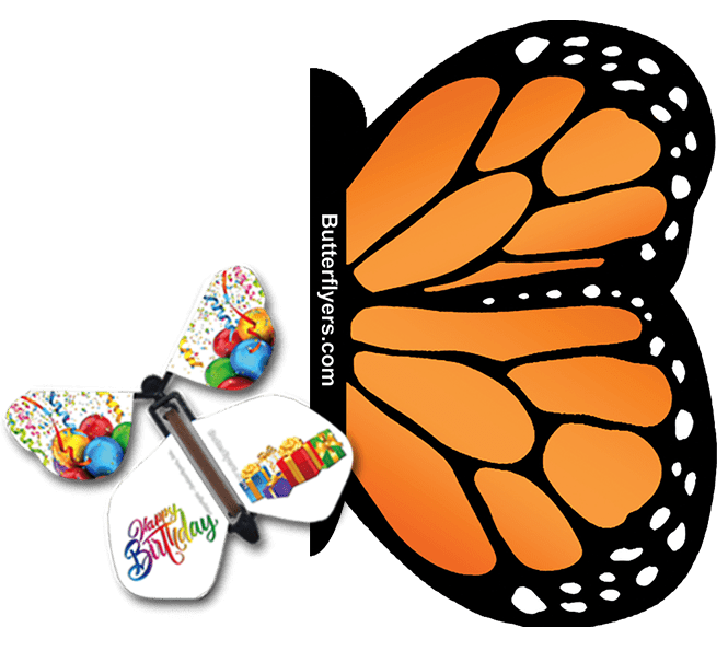 Orange Monarch Exploding Butterfly Card with Birthday Gifts wind up flying butterfly from butterflyers.com