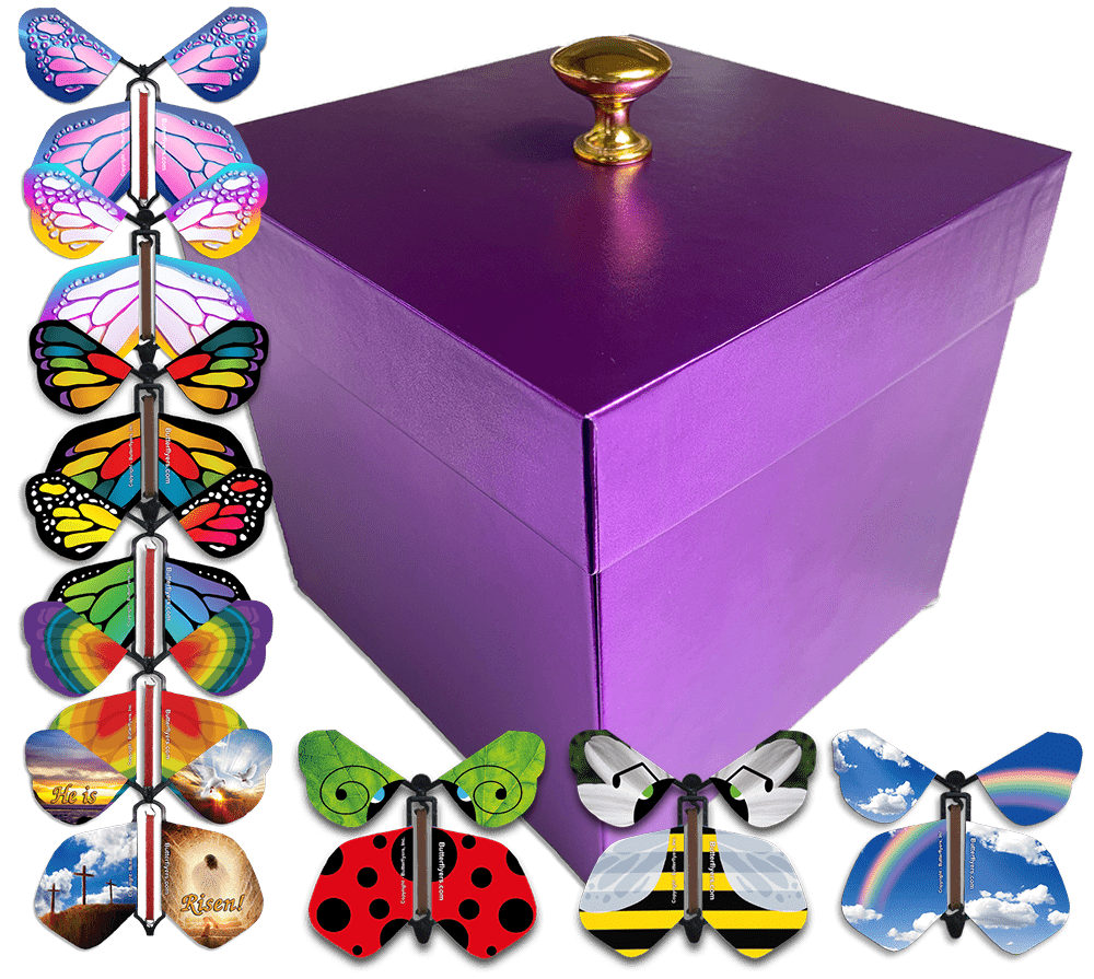 White Christmas Exploding Butterfly Box with Wind Up Flying Butterflies Christmas Gifts Flying Butterfly x 4 by Butterflyers