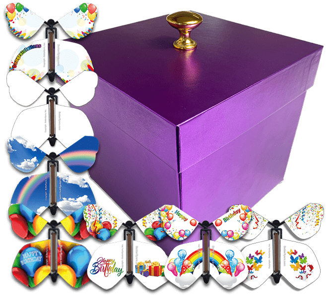 Purple Exploding Butterfly Birthday Gift Box With Birthday Flying Butterflies from butterflyers.com