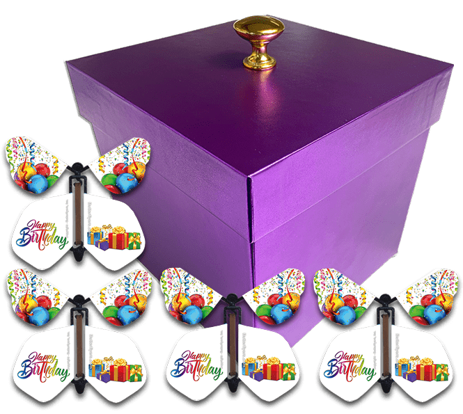Purple Exploding Butterfly Birthday Gift Box With 4 Birthday Gift Wind Up Flying Butterflies from butterflyers.com