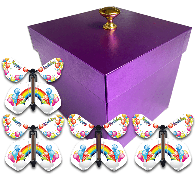 Purple Exploding Butterfly Birthday Box With 4 Birthday Rainbows Wind Up Flying Butterflies from butterflyers.com
