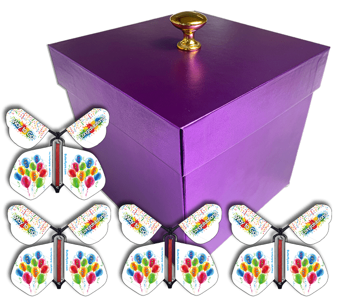 Purple Exploding Butterfly Birthday Box With 4 Congratulations Wind Up Flying Butterflies from butterflyers.com