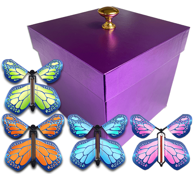 Purple Exploding Butterfly Gift Box With 4 Multi Cobalt Color Wind Up Flying Butterflies from butterflyers.com