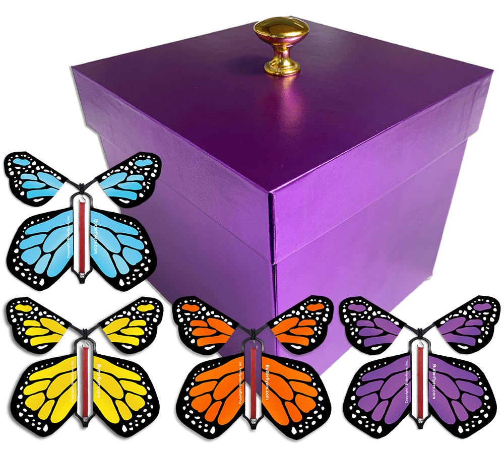 Purple Exploding Butterfly Gift Box With 4 Multi Color Monarch Wind Up Flying Butterflies from butterflyers.com